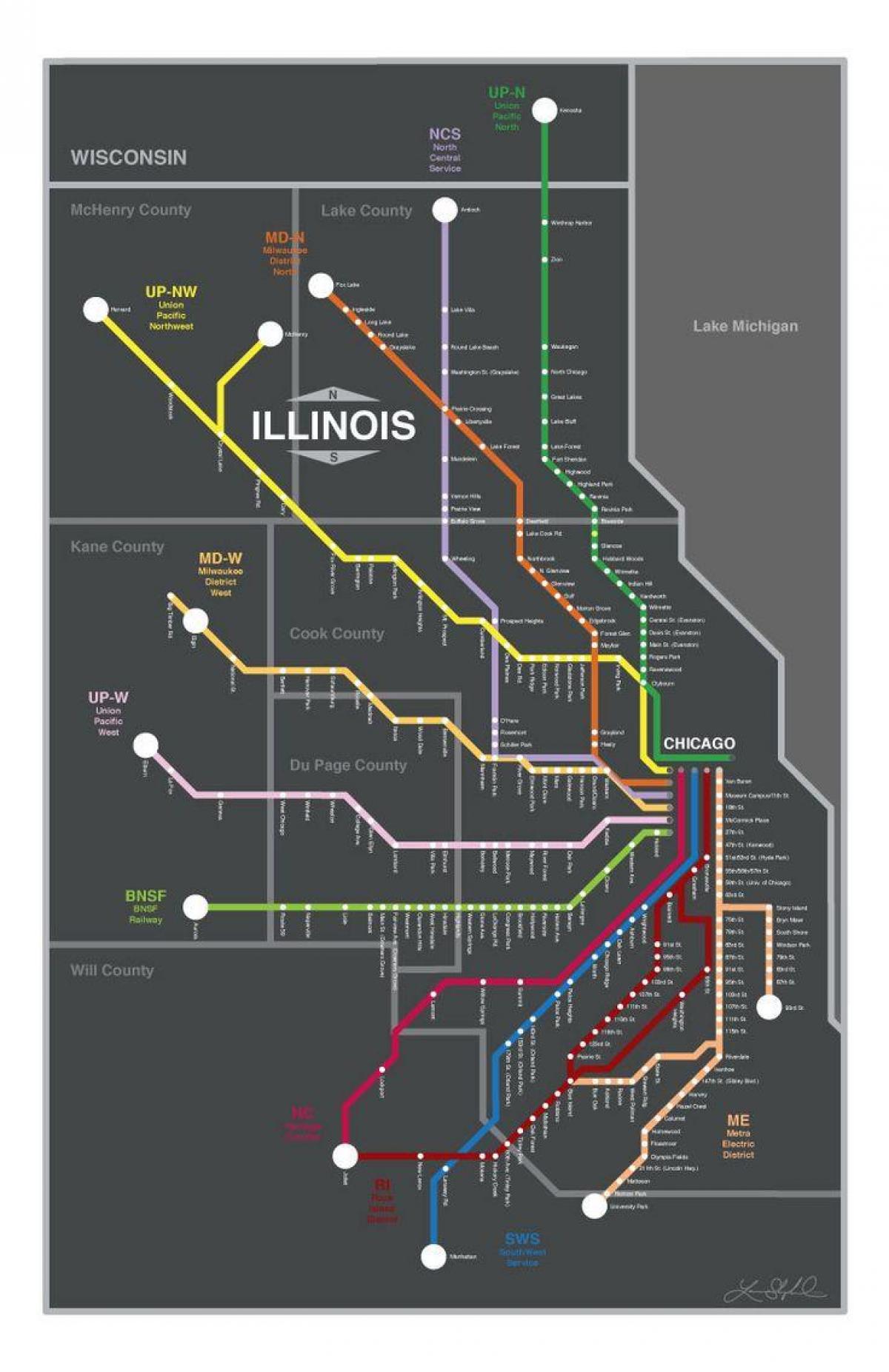 metra vlak mapu Chicago